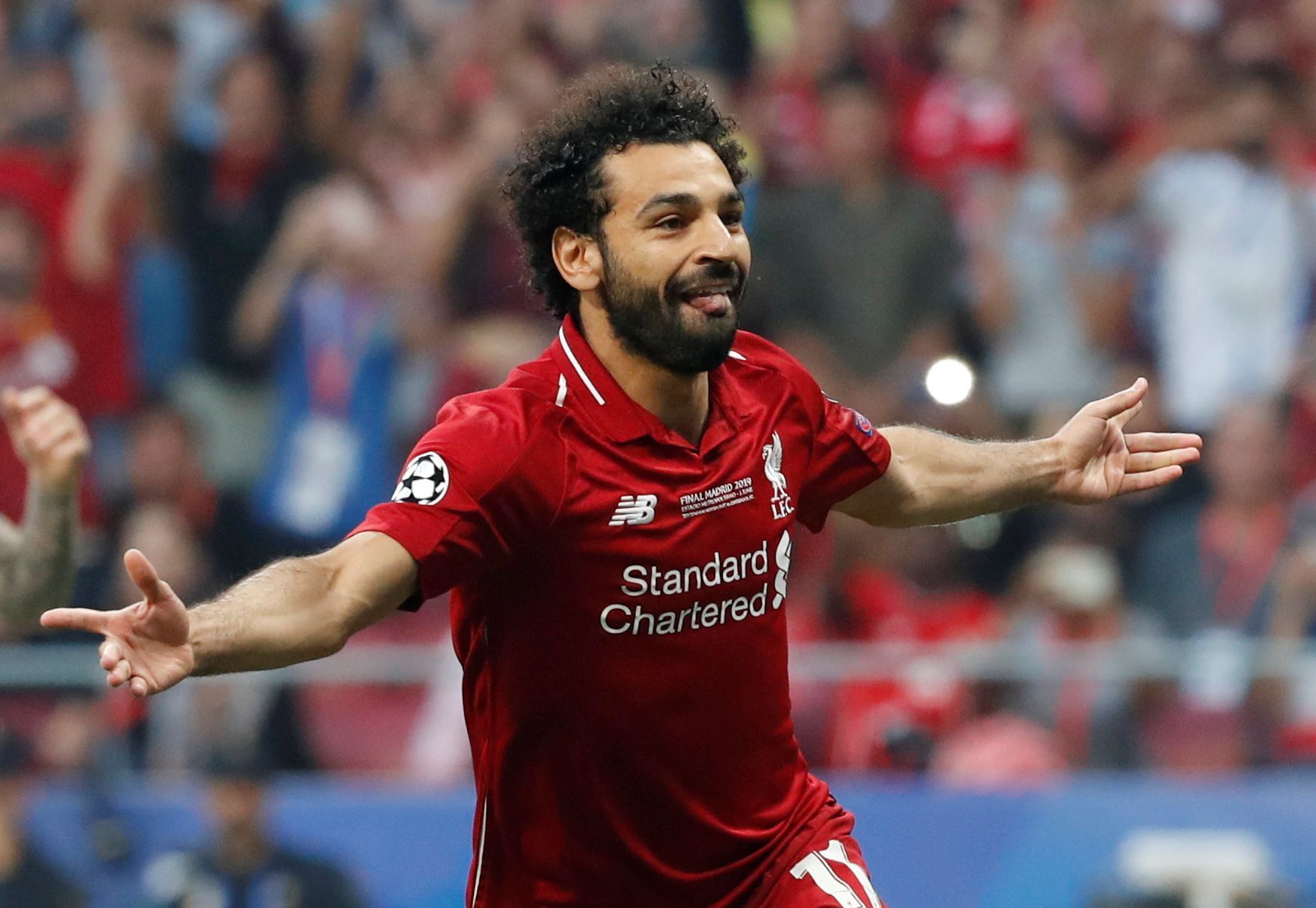 Mohamed Salah slaví gól ve finále Ligy mistrů Tottenham - Liverpool