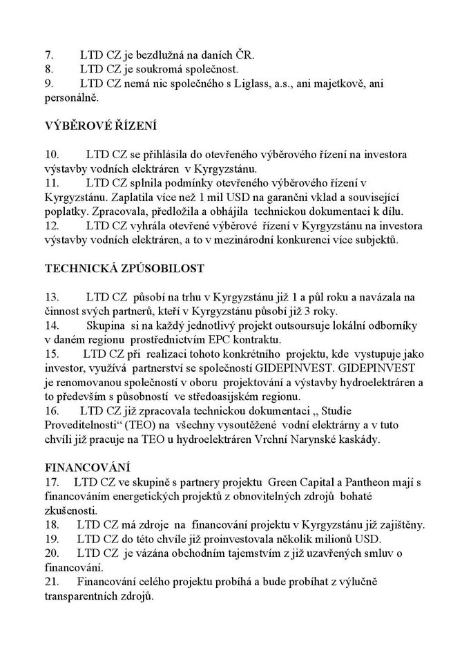 Prohlášení společnosti Liglass Trading CZ k nejasnostem kolem zakázky v Kyrgyzstánu.