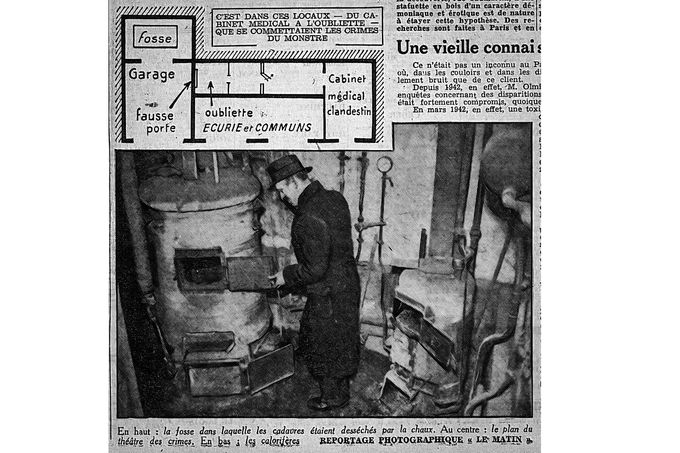 Výřez z deníku Le Matin ze 14. března 1944 zobrazující půdorys domu na adrese 21, rue Le Sueur v Paříži, kde byly nalezeny ostatky obětí dr. Petiota.