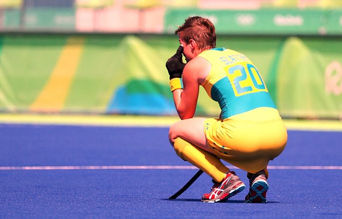 Women's Quarterfinal Match New Zealand v Australia - Olympic Hockey Centre - Rio de Janeiro, Brazil - 15/08/2016. Kathryn Slattery (AUS) of Australia reacts.