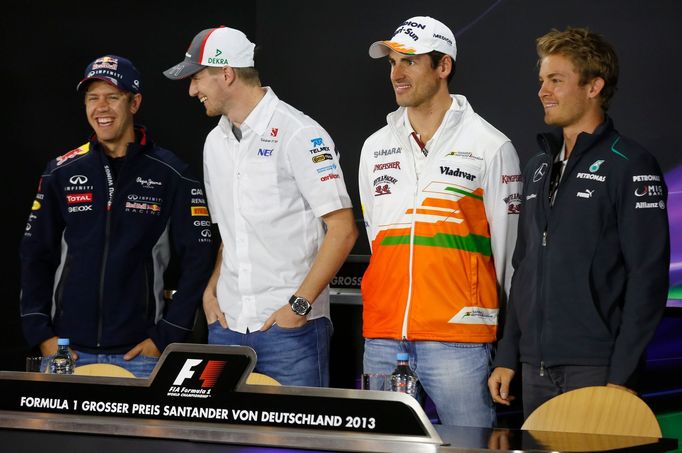 Formula One drivers of Germany (L-R) three-time World Champion Sebastian Vettel of Red Bull, Nico Huelkenberg of Sauber, Adrian Sutil of Force India and Nico Rosberg of M