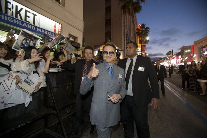 Cast member Downey Jr. gestures at the premiere of &quot;Avengers: Age of Ultron&quot; at Dolby theatre in Hollywood