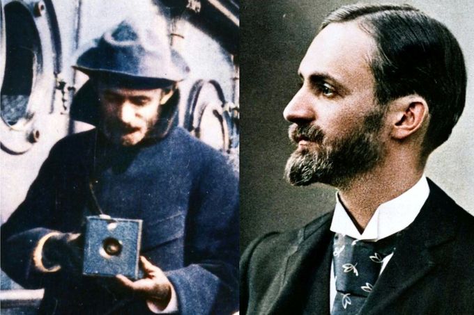 Před 170 lety se narodil americký průmyslník George Eastman, konstruktér prvního fotografického přístroje Kodak a zakladatel stejnojmenné firmy. Kolorovaná koláž.