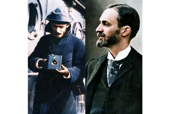 Před 170 lety se narodil americký průmyslník George Eastman, konstruktér prvního fotografického přístroje Kodak a zakladatel stejnojmenné firmy. Kolorovaná koláž.