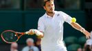 Stan Wawrinka of Switzerland hits a shot during his match against Joao Sousa of Portugal at the Wimbledon Tennis Championships in London