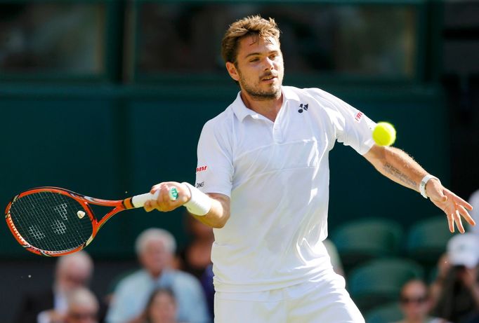 Stan Wawrinka of Switzerland hits a shot during his match against Joao Sousa of Portugal at the Wimbledon Tennis Championships in London