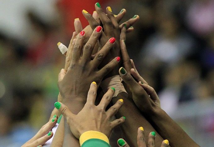 V barvách své země. Brazilský basketbalový tým se připravuje na zápas s Jamajkou v rámci Panamerických her v Guadalajaře.