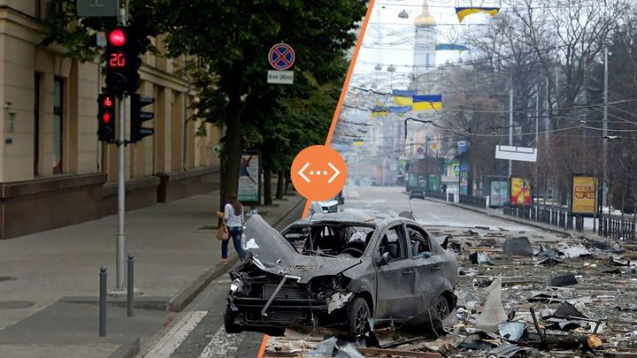 Před úderem okupantů a po něm: Rusové zničili celé čtvrtě ukrajinských měst; Zdroj foto: Google, Reuters