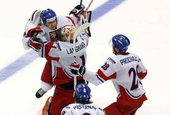 Czech Republic's Simon celebrates after scoring the game winning goal against Canada during a shootout in their IIHF World Junior Championship ice hockey game in Malmo