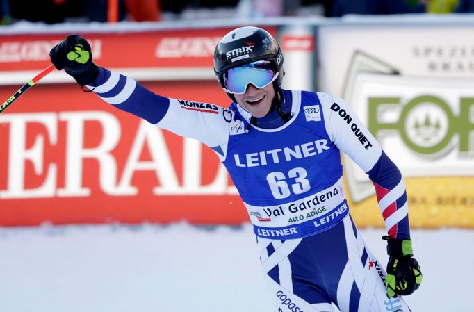 Alpine Skiing - FIS Alpine Ski World Cup - Men's Downhill - Val Gardena, Italy - December 14, 2023 Czech Republic's Jan Zabystran reacts after crossing the line during th