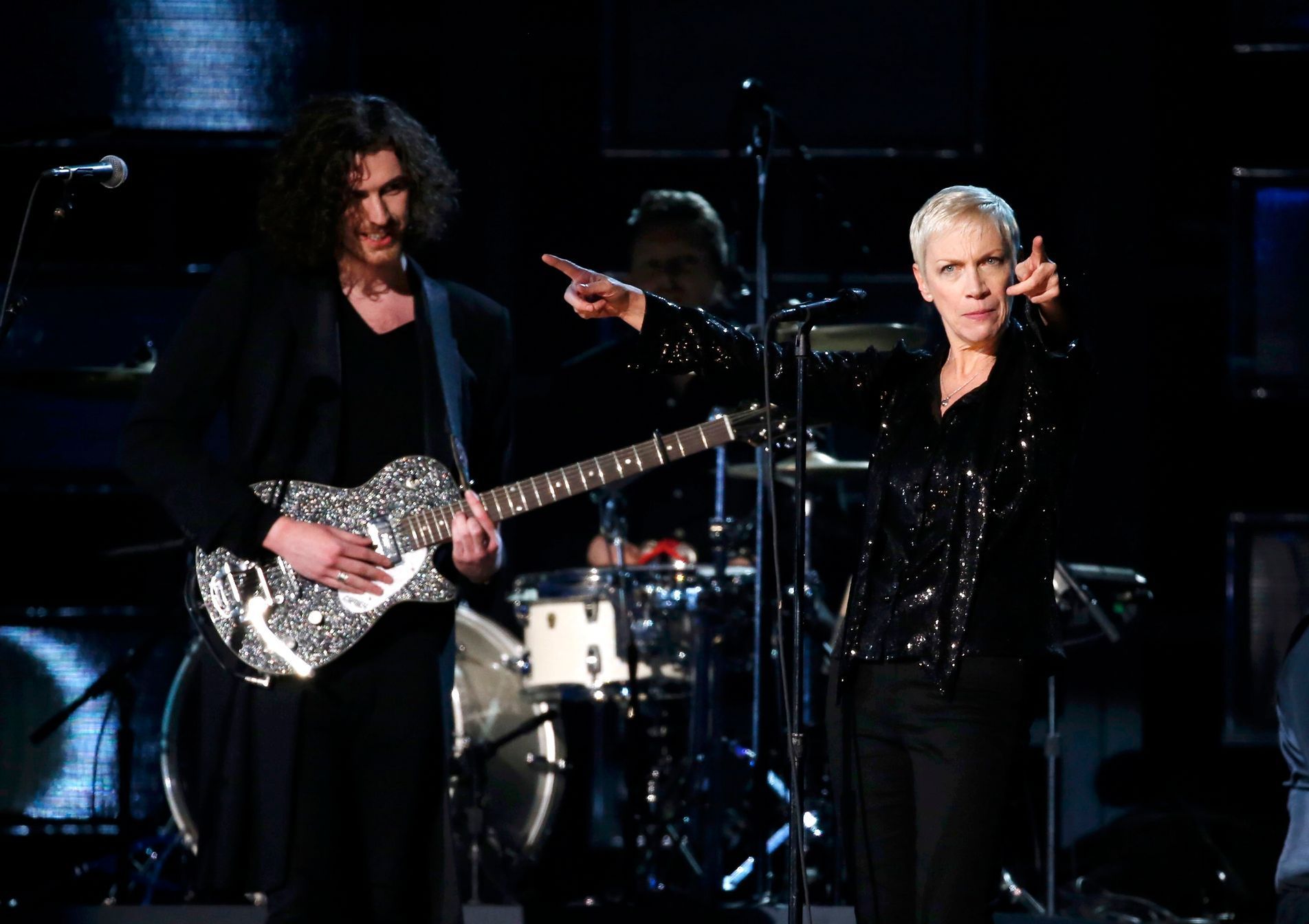 Annie Lennox performs &quot;I Put a Spell On You&quot; with Hozier at the 57th annual Grammy Awards in Los Angeles