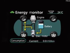 Obrazovka na palubní desce hybridního vozu Toyota Prius ukazuje řidiči okamžitý stav v situaci, kdy auto pohání jenom elektrický motor z nastřádané energie. Benzínový motor je vypnutý.