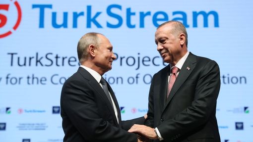 Ruský prezident Vladimir Putin si v Istanbulu potřásá rukou s tureckým protějškem Recepem Tayyipem Erdoganem při ceremonii k plynovodu TurkStream.
