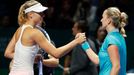 Maria Sharapova of Russia (L) congratulates Petra Kvitova of the Czech Republic during their WTA Finals tennis match at the Singapore Indoor Stadium October 23, 2014. REU