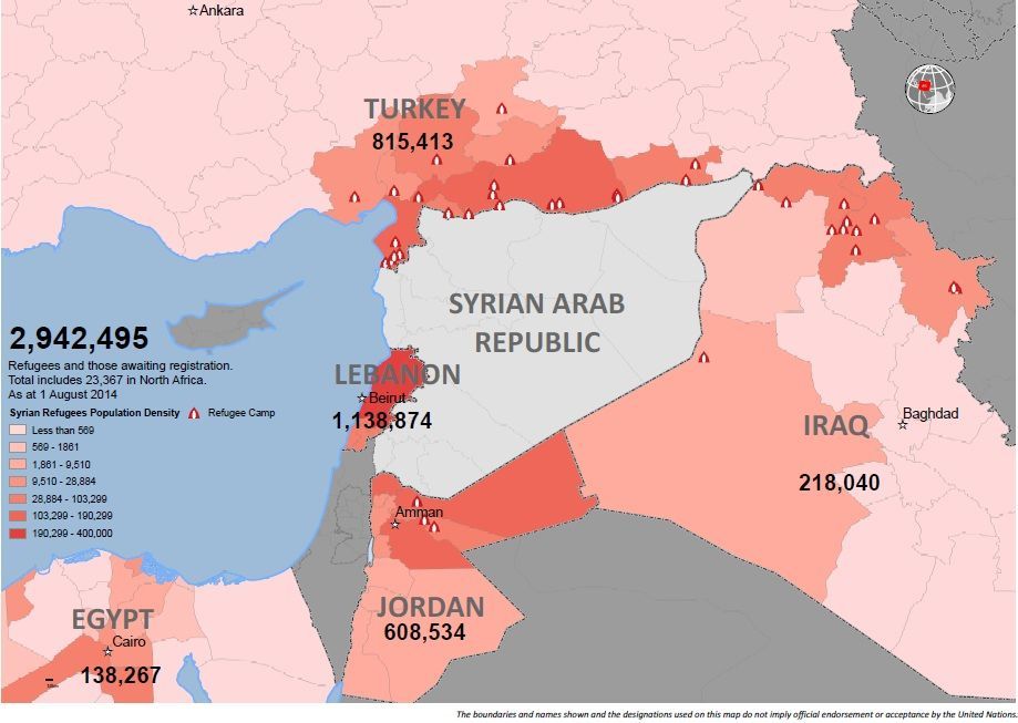 Syrští uprchlíci - mapa UNHCR k 1. srpnu 2014
