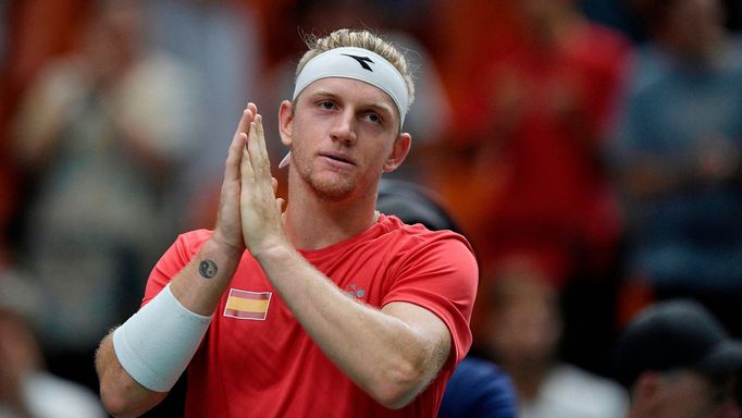 Tennis - Davis Cup - Finals - Spain v South Korea - Pabellon Fuente de San Luis, Valencia, Spain - September 17, 2023 Spain’s Alejandro Davidovich Fokina celebrates winni