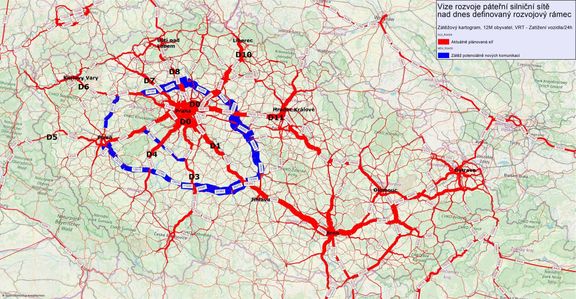 Plán dálniční sítě v oblasti středních Čech, který má ulevit přetíženým cestám v okolí Prahy.