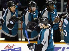 Matt Carle ze San Jose Sharks přijímá od svých spoluhráčů gratulace ke gólu.