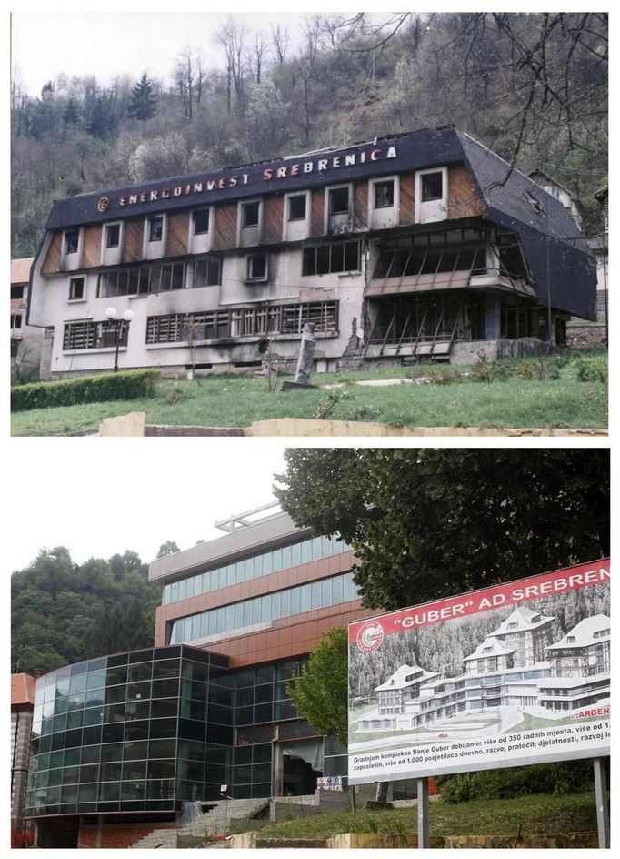 A combination of pictures show the scene of a hotel during the year 1997 (at top) and a business center in the year 2012 (at bottom) after the Srebrenica massacre in Srebrenica. During the war, Bosnian Serb forces commanded by General Ratko Mladic killed up to 8000 Muslim men and boys in the Srebrenica area. Bosnian Serb army commander Mladic, who personally witnessed the capture of Srebrenica, was arrested in Serbia in May 2011 after 16 years on the run. He is accused of genocide for orchestrating the massacre and for his role in the siege of Bosnia's capital Sarajevo. Some 520 recently discovered Bosnian Muslim victims' remains from the Srebrenica massacre will be buried on July 11 at the Memorial center in Potocari. The International Commission for Missing Persons has so far identified more than 7,000 Srebrenica victims. REUTERS/Staff (BOSNIA AND HERZEGOVINA - Tags: CITYSPACE CIVIL UNREST CRIME LAW CONFLICT) Published: Čec. 9, 2012, 5:12 odp.