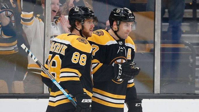 hokej, NHL 2018/2019, Boston - New York Islanders, David Pastrňák a Patrice Bergeron