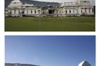 Prezidentský palác. Dole v lednu bezprostředně po zemětřesení, nahoře osm měsíců poté.