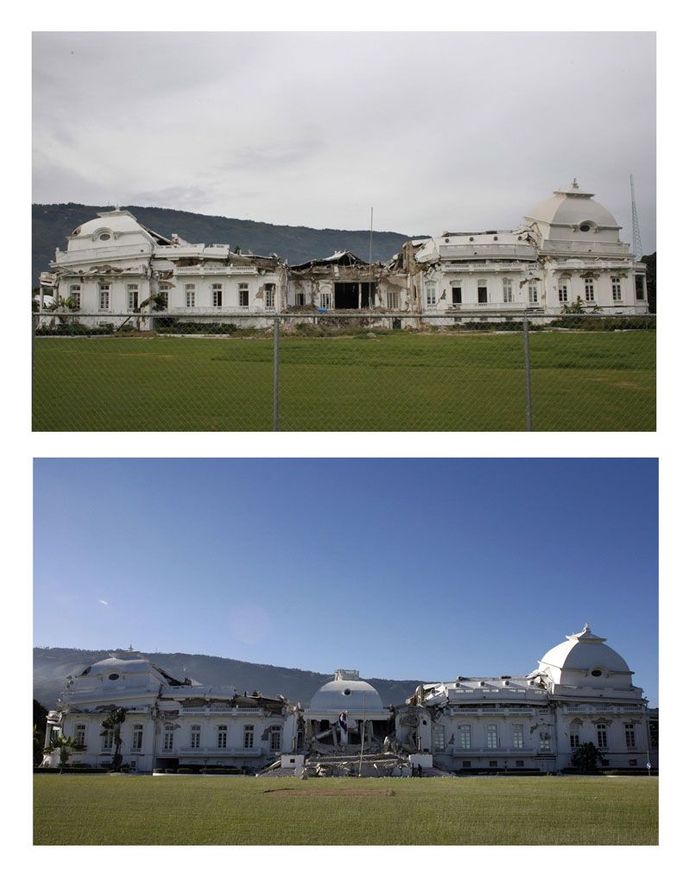 Prezidentský palác. Dole v lednu bezprostředně po zemětřesení, nahoře osm měsíců poté.