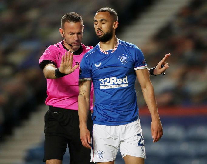 Soccer Football - Europa League - Round of 16 Second Leg - Rangers v Slavia Prague - Ibrox Stadium, Glasgow, Scotland, Britain - March 18, 2021 Rangers' Kemar Roofe looks