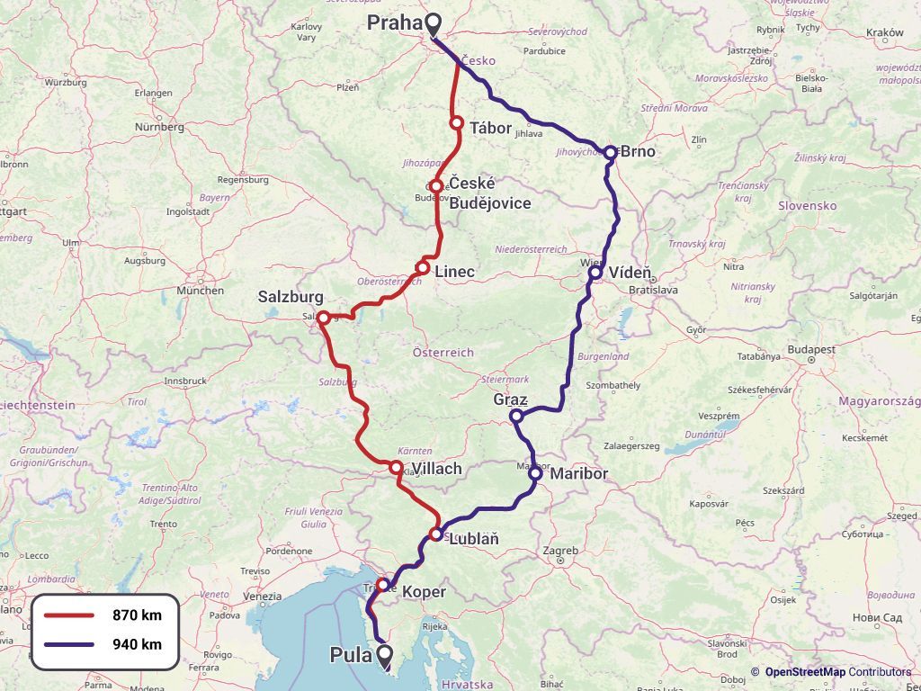 Mapa Chorvatsko - trasy 2019