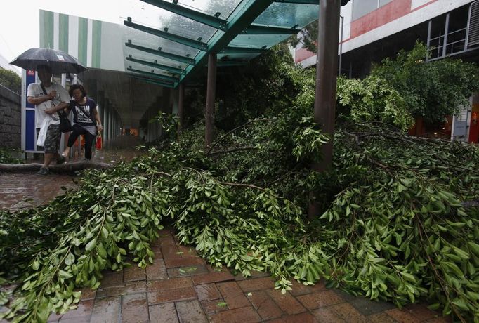 Pedestrians pass by a tree felled by Typhoon Vicente in Hong Kong July 24, 2012. REUTERS/Bobby Yip (CHINA - Tags: ENVIRONMENT DISASTER) Published: Čec. 24, 2012, 1:27 dop.