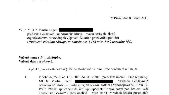 Trestní oznámení Kolji Kubíčka na Martina Engela