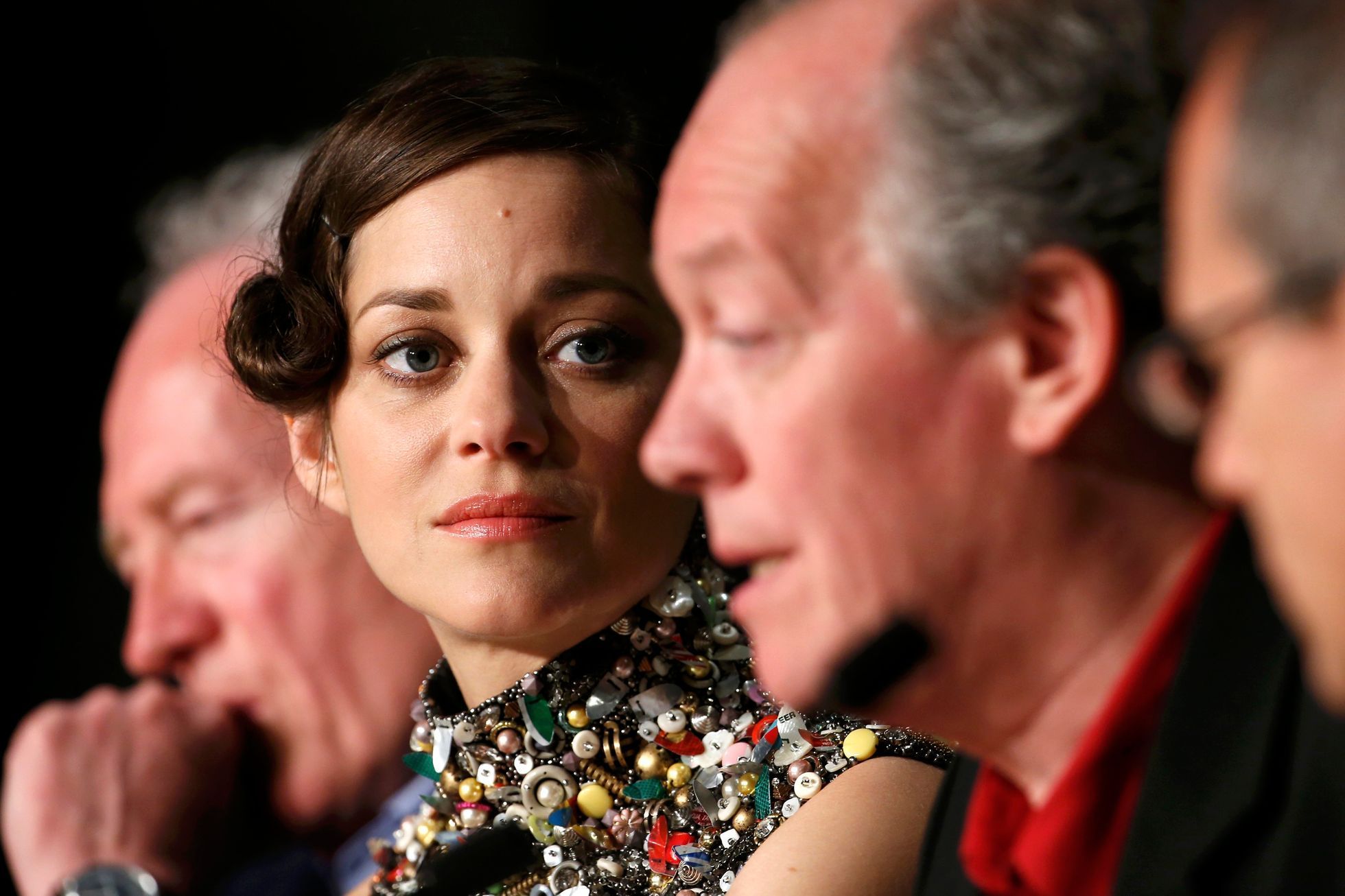 Director Jean-Pierre Dardenne, cast member Marion Cotillard and director Luc Dardenne attend a news conference for the film &quot;Deux jours, une nuit&quot; in competition at the 67th Cannes Film Fest