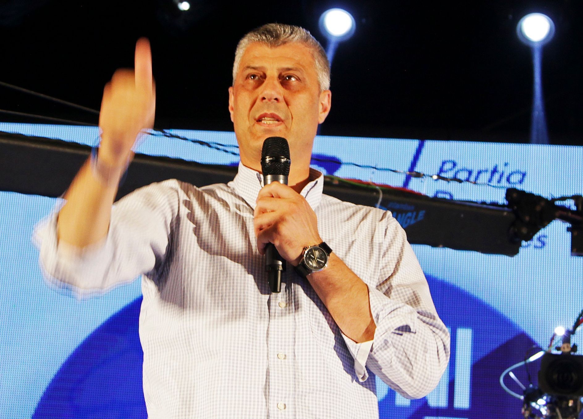 Kosovo PM Thaci speaks during a campaign rally in Gjakova