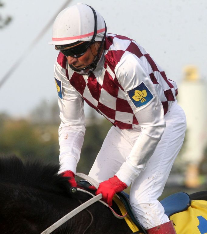 Žokej Josef Váňa na Tiumenovi během Velké pardubické 2012.