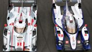 Toto jsou dva hybridní vozy, které letos v Le Mans pojedou: vlevo Audi R18 e-tron quattro a vpravo Toyota TS030 - Hybrid.