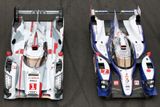 Toto jsou dva hybridní vozy, které letos v Le Mans pojedou: vlevo Audi R18 e-tron quattro a vpravo Toyota TS030 - Hybrid.