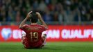 Costa of Spain reacts during their Euro 2016 qualification soccer match against Slovakia at the MSK stadium in Zilina