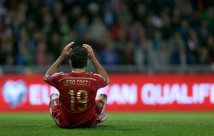 Costa of Spain reacts during their Euro 2016 qualification soccer match against Slovakia at the MSK stadium in Zilina