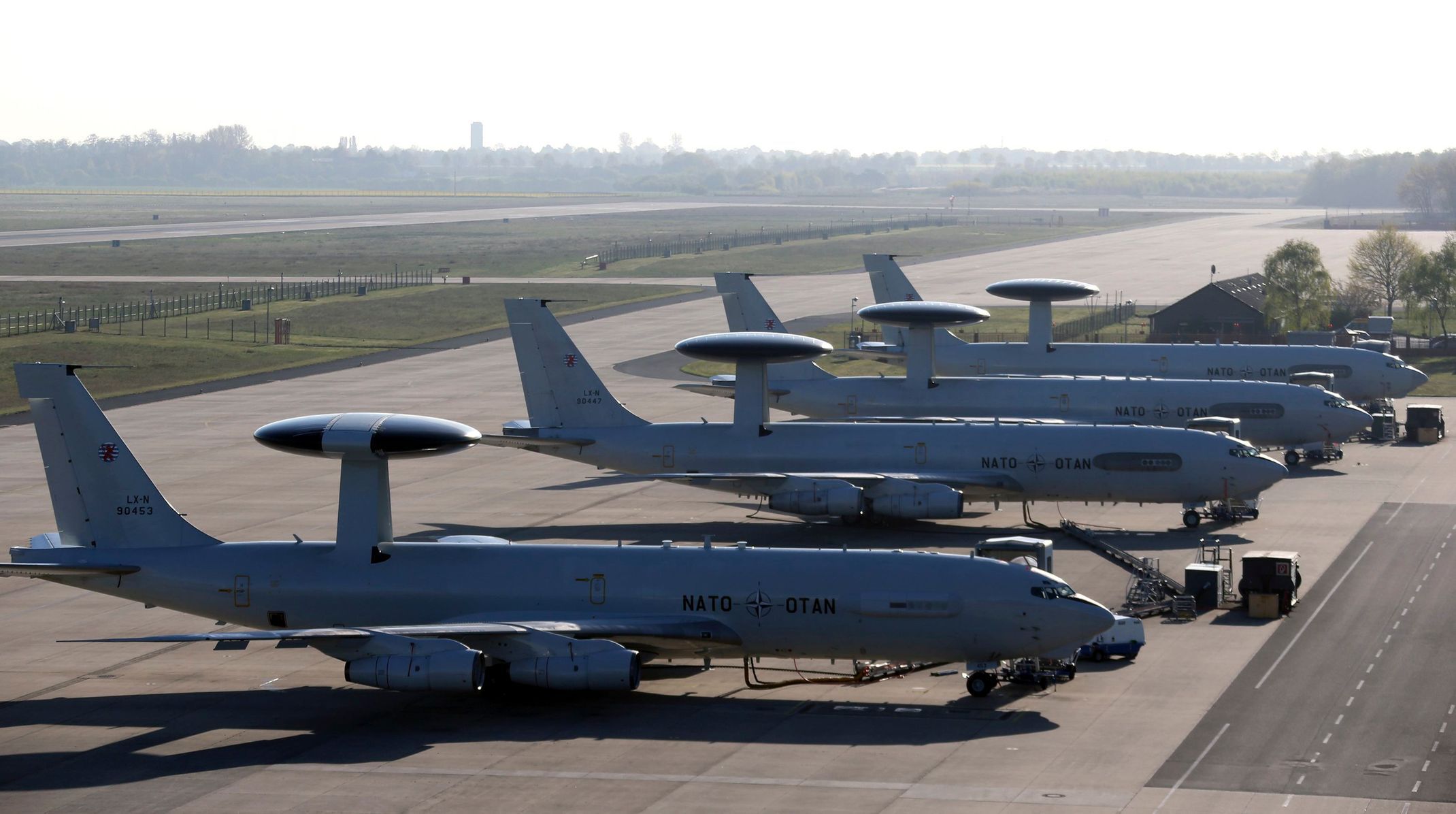 NATO AWACS aircrafts are seen on the tarmac at the AWACS air base in Geilenkirchen near the German-Dutch border