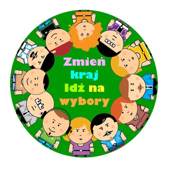 Odznáček s heslem "Změň zemi, bež volit" s postavičkami jako z animovaného seriálu South Park.