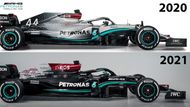 Dominantní Mercedes nepotřeboval mezi lety 2019 až 2021 žádné výrazné experimenty, lišila se snad jen určité aerodynamická nuance. O systém DAS, kdy piloti ovládali tlačením a tažením volantu geometrii přední nápravy, Stříbrné šípy ale přišly, od letošku byl zakázán.