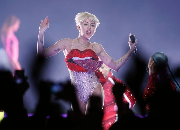 U.S. singer Miley Cyrus performs at the O2 Arena in central London