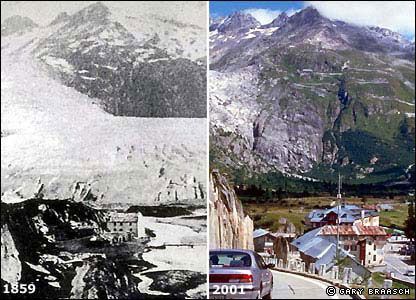 Rhonský ledovec v roce 1859 a 2001