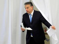 Premiér Viktor Orbán ve volební místnosti.