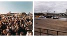 A combination picture shows (L) U.S. President John F. Kennedy and First Lady Jacqueline Kennedy Onassis greeting supporters at Dallas Love Field in Dallas, Texas in this White House handout photograph taken on November 22, 1963 with the Confederate and Texas flags being waved in the background and (R) the same scene showing a remodeled air traffic control tower at the site of the original photo at Dallas Love Field in Dallas, Texas on November 9, 2013.