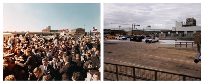 A combination picture shows (L) U.S. President John F. Kennedy and First Lady Jacqueline Kennedy Onassis greeting supporters at Dallas Love Field in Dallas, Texas in this White House handout photograph taken on November 22, 1963 with the Confederate and Texas flags being waved in the background and (R) the same scene showing a remodeled air traffic control tower at the site of the original photo at Dallas Love Field in Dallas, Texas on November 9, 2013.