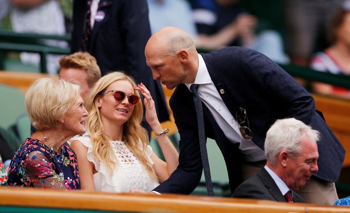 Tennis - Wimbledon - All England Lawn Tennis and Croquet Club, London, Britain - July 3, 2019  Matt Dawson with Mary Berry in the Royal Box during the second round match