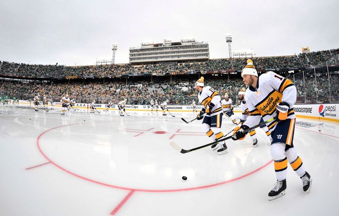 Oct 30, 2019; Houston, TX, USA; Nashville Predators players warm up before the 2020 Winter Classic against the Dallas Stars at the Cotton Bowl Stadium. Mandatory Credit: