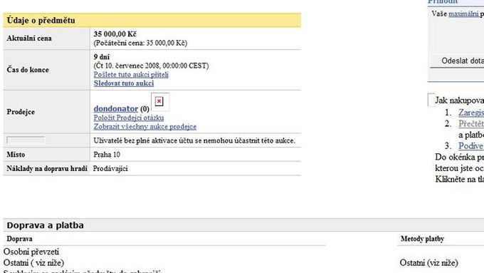 Screenshot internetové aukce nabízející odoperovaný kloub prezidenta