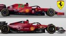 Porovnání monopostů F1 Ferrari z roku 2021 (nahoře) a 2022