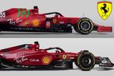Při pohledu z boku vedle už zmiňovaných větších pneumatik upoutají jinak řešené bočnice předního i zadního spoileru. Na koláži jsou vozy Ferrari ze sezony 2021 (nahoře) a 2022.